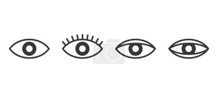 Set minimalistischer Vector Eye Icons in Schwarz und Weiß, die verschiedene Stile von einfach bis mit Wimpern verziert präsentieren. Zeichen für den Einsatz in Designs in Bezug auf Visuals, Surveillance, Beauty, Eye Health