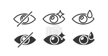 Ilustración de Colección de seis iconos de ojos presentados en diseños limpios y modernos. El conjunto de vectores incluye signos con metáforas visuales como brillo, lágrimas, signos de prohibición para varias necesidades gráficas digitales e impresas - Imagen libre de derechos