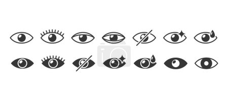 Les icônes d'oeil de vecteur, les conceptions stylisées distinctives représentent la vision, l'observation, la beauté, et la dissimulation, pour l'utilisation dans des applications de sécurité, des projets de beauté et de mode, ou le contenu visuel, ensemble de symboles d'oeil