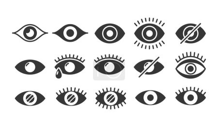 Conjunto vectorial de iconos oculares en blanco y negro, que representan diferentes estados y expresiones como abierto, cerrado, llorando y abstracto para el diseño de la interfaz de usuario, aplicación de seguridad o proyectos de identidad visual