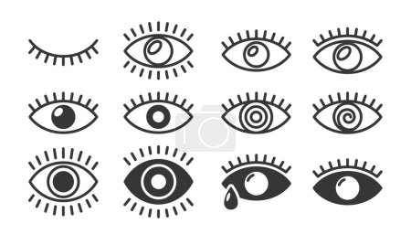 Illustration for Eye Icons Collection Range From Simple Lined Depictions To More Detailed Designs With Decorative Elements Such As Tears And Lashes. Signs For Projects Related To Vision, Surveillance Or Graphic Design - Royalty Free Image