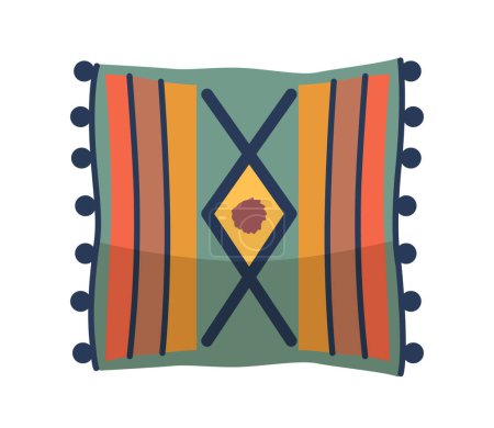 Colorful Eastern-style Decorative Pillow With Striped Design, Geometric Patterns, And Detailed Tassels. Square Oriental Traditional Cushion, Home Decor. Cartoon Vector Illustration