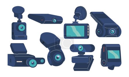 Moderne Dash Cams und tragbare Überwachungskameras, die unterschiedliche Designs und Funktionalitäten hervorheben. Vector Set umfasst mehrere Arten von Kameras, die in Fahrzeugen und für persönliche Sicherheitszwecke verwendet werden