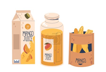 Illustration for Mango Products, Carton Package Of Mango Juice, Glass Jar with Label, And Bag Of Sliced Dry Mango Chips. Healthy Tropical Fruit Production Isolated on White. Colorful Cartoon Vector Illustration - Royalty Free Image
