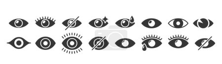 Ilustración de Colección vectorial de diferentes iconos de ojos monocromáticos presentados en un estilo simple en blanco y negro. Los signos varían de representaciones simples a diseños estilizados y abstractos, varios símbolos de visión digital - Imagen libre de derechos