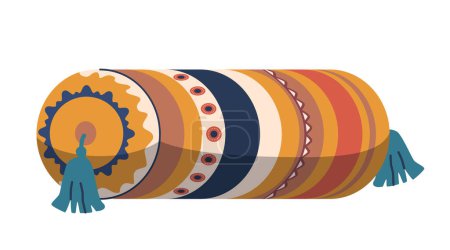 Traditional Eastern-style Bolster Pillow with Vibrant Pattern and Rich Vivid Colors, Decorated With Circular Motifs And Detailed Stitching. Tassels Hang From Both Ends. Cartoon Vector Illustration