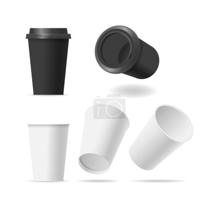 Ilustración de Conjunto realista del vector 3d de tazas de café de papel Varias vistas, mostrando diversos ángulos incluyendo un estándar vertical, inclinado, y vistas superiores, para proyectos en bebidas, reciclaje, productos desechables - Imagen libre de derechos