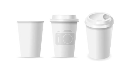Illustration for Three Different Paper Coffee Cup Mockups For Branding. The Left Shows A Classic Design, The Middle Has A Lid, And The Right Includes A Drinking Hole On The Lid. Realistic 3d Vector Illustration - Royalty Free Image