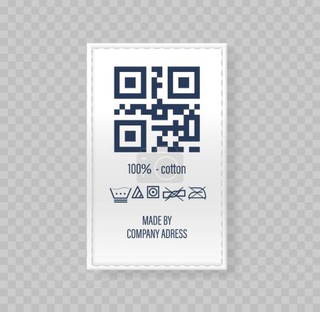 White Clothing Label Featuring A Qr Code, Text 100 Cotton, Care Instructions Icons, And Manufacturer Information, Apparel Tag Isolated on Transparent Background. Realistic 3d Vector Illustration
