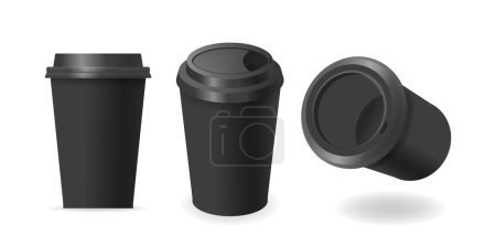 Presentation Of Disposable Black Coffee Cups Displayed In Different Angles. Mugs For Take-away Services, Emphasizing Modern Design And Convenience In Beverage Serving. Realistic 3d Vector Illustration