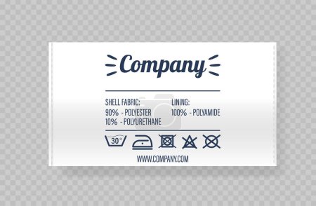 Realistic 3d Vector Clothing Label Featuring Company Logo And Care Instructions. Highlights Fabric Composition And Washing Symbols For Garment Care. Tag For Fashion Design And Textile Industry