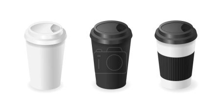 Illustration for Three Disposable Coffee Cups In Varied Designs. Plain White, Sleek Black, And White With A Textured Black Sleeve. Modern Takeout Beverage Containers Mockups. Realistic 3d Vector Illustration - Royalty Free Image