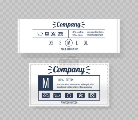 Two Clothing Labels Realistic 3d Vector Design, Illustrating Size Options, Fabric Content Such As Cotton And Linen And Care Symbols, Perfect For Brands To Use In Presentations Or Marketing Materials