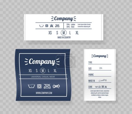 Illustration for Three Clothing Labels Featuring Company Branding, Size Options, And Care Instructions. Modern White and Blue Tags Clean And Informative Design, Suitable For Apparel Tags. Realistic Vector Illustration - Royalty Free Image