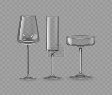 Realistic Set Of Three Variously Shaped Isolated 3d Glasses Including A Wine Glass, Champagne Flute, And A Cocktail Glass, Ideal For Different Drinks And Settings In Hospitality Or Celebration Context