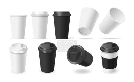 Set Of Paper Coffee Cups In White And Black. Different Designs For Takeaway Beverages. Disposable Package Collection for Hot Drink Includes Mugs With And Without Lids. Realistic 3d Vector Illustration