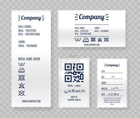 Four Detailed Clothing Labels Featuring Fabric Composition, Care Symbols And Company Branding. Ideal For Presentations On Textile Care, Clothing Manufacture And Brand Identity. Realistic Vector 3d Set