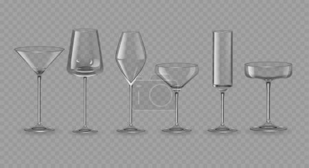 Six Assorted Drinking Glasses Isolated On Transparent Background, Showcasing Different Elegant Designs and Shapes Suitable For Various Beverages, Events and Occasions. Realistic 3d Vector Illustration