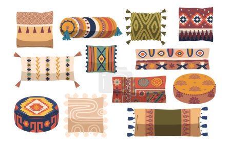 Colorida colección vectorial de almohadas de estilo oriental y cojines de piso con patrones y diseños intrincados. Los artículos decorativos de la historieta exhiben una variedad de formas, y almohadas de refuerzo con borlas