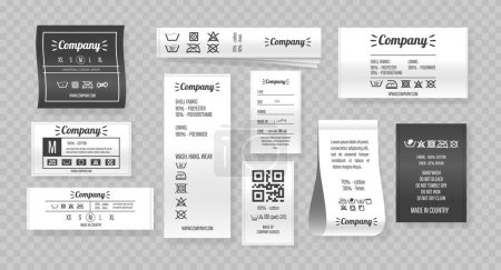 Clothing Labels Presenting Different Information Like Fabric Content, Care Instructions, And Brand Details. Labels Vary In Design, Showcasing Qr Codes, Brand Logos, Care Symbols. Realistic Vector Set