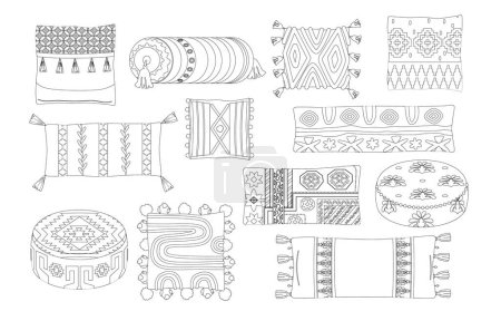 Illustration for Collection Of Line Art Vector Icons Depicting A Variety Of Eastern Pillows And Cushions, Showcasing Intricate Patterns, Tassels, And Decorative Motifs. Monochrome Vector Coloring Book Illustration - Royalty Free Image