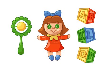 Illustration for Kids Toys Isolated on White Background. Diverse Playthings, Baby Rattle, Colorful Building Blocks and Doll, Fostering Creativity, Learning, And Imaginative Play. Cartoon Vector Illustration - Royalty Free Image