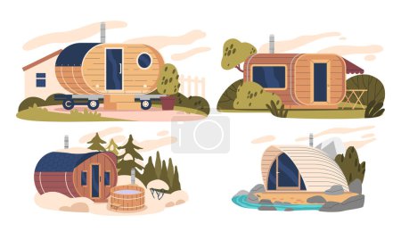 Barrel Bath Buildings at Nature. Wooden Tubs Typically Made From Oak Or Cedar, Often Used For Soaking In Hot Water. They Provide A Rustic And Relaxing Bathing Experience. Cartoon Vector Illustration
