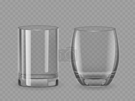 Illustration for Realistic 3d Vector Drinking Glasses Feature Cylindrical Or Slightly Rounded Shape With Smooth, Clear Body Made Of Durable Glass. Transparent Cups for Holding Liquid with Sturdy Base For Stability - Royalty Free Image