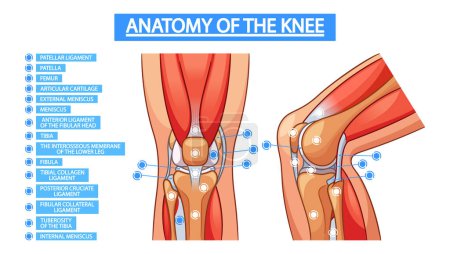 Infografías médicas del vector que representan la anatomía de la articulación de la rodilla, incluyendo huesos, ligamentos, y tendones y cartílago, ilustrando su estructura y función para propósitos de educación médica