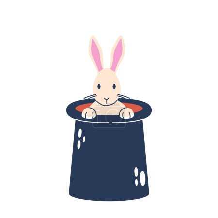 Téléchargez les illustrations : White Rabbit est assis confortablement à l'intérieur d'un chapeau de magicien, ses oreilles moelleuses pointant vers l'extérieur, ajoutant une touche adorable à l'ensemble mystique. Divertissement avec Funny Bunny. Illustration vectorielle de bande dessinée - en licence libre de droit