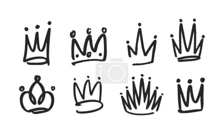 Ilustración de Colección Doodle Crowns, divertidas diademas dibujadas a mano, Tiaras y prendas de vestir reales en estilo vectorial monocromático. Iconos negros aislados de coronas para princesas, príncipes, reinas y reyes, signos creativos - Imagen libre de derechos