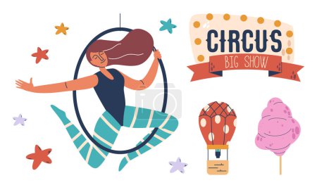 Illustration for Aerial Gymnast Girl Captivating Audiences With Graceful Acrobatics, Daring Maneuvers Suspended In Air. Mesmerizing Fusion Of Strength, Flexibility, And Artistic Expression. Cartoon Vector Illustration - Royalty Free Image