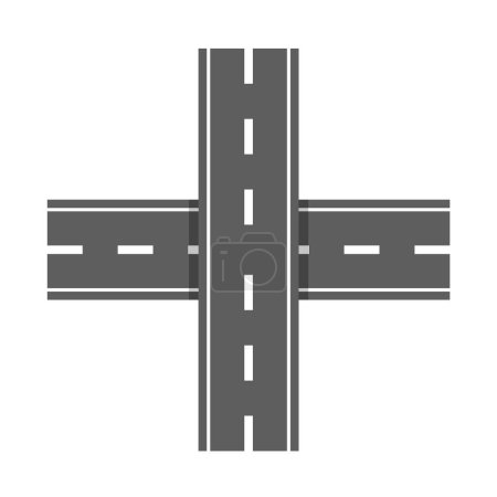 Straßenkreuzung, Konvergenz, Markiert durch gestrichelte Fahrspuren, Kreuzung isoliert auf weißem Hintergrund. Straßenabschnitt und Kreuzung für Verkehrsanlagen und städtebauliche Konzepte. Vektorillustration