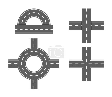 Vector Set Of Various Road Sections Such As A Roundabout And Different Types Of Crossroads. Graphic Elements For Use In Urban Infrastructure Planning, Mapping, And Transportation Design Projects