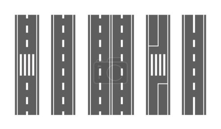 Téléchargez les illustrations : Différentes sections de routes vectorielles présentées dans un style détaillé pour l'urbanisme, la cartographie de la ville, la simulation de la circulation et les projets axés sur le transport, met en évidence différents marquages routiers, voies et passages à niveau - en licence libre de droit