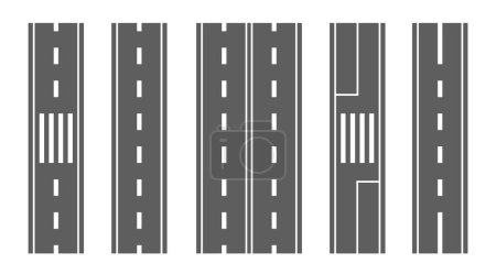 Vektor Set von geraden Straßenabschnitten für Stadtplanung, Stadtplanung, Verkehrssimulation und verkehrsorientierte Projekte. Jeder Abschnitt hebt unterschiedliche Fahrbahnmarkierungen, Fahrspuren und Kreuzungen hervor