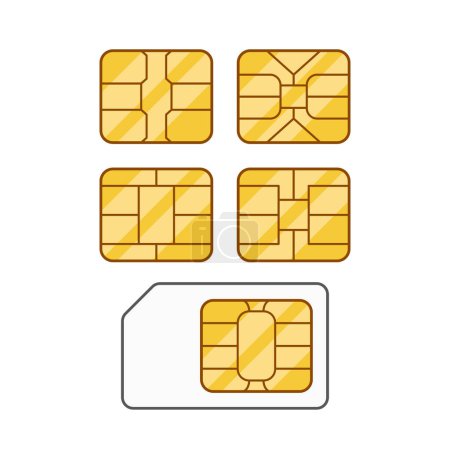 Ilustración de Conjunto gráfico de la colección Simcards con varios estilos de tarjetas SIM en tonos amarillos y dorados, incluyendo Micro, Mini y Nano Sim, junto con una tarjeta SIM completa con una esquina de recorte. Ilustración vectorial - Imagen libre de derechos