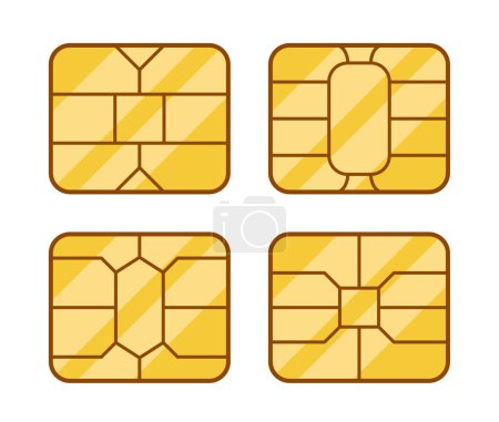 Ilustración de Cuatro tarjetas SIM de oro diferentes cada una con diseños y formatos únicos de circuitos de memoria interna, enfatizando la diversidad técnica y las opciones en soluciones de conectividad móvil. Ilustración vectorial - Imagen libre de derechos