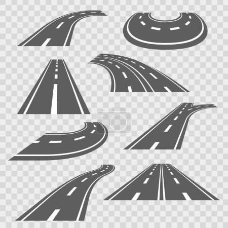 Collection de diverses sections de route dans un style monochrome, présentant des perspectives telles que les courbes, les carrefours giratoires et les chemins droits isolés sur fond transparent. Illustrations vectorielles