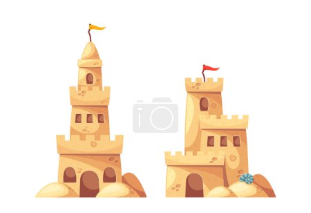 Dos castillos de arena, cada uno adornado con una bandera roja, en el contexto de una playa de arena. Perfecto para temas relacionados con actividades de verano, creatividad, infancia y playa. Ilustración de vectores de dibujos animados