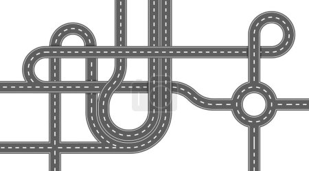 Komplexes vernetztes Straßensystem mit mehreren Kreuzungen und Fahrspuren. Design repräsentiert Transport, Konnektivität und Stadtplanung in einem vereinfachten, monochromen Stil. Vektorillustration