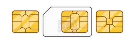 Ilustración de Tres tarjetas SIM en tamaños estándar, micro y nano, con patrones de circuito dorado, organizadas horizontalmente, habilitando servicios de comunicación como llamadas, textos y datos. Ilustración vectorial aislada - Imagen libre de derechos