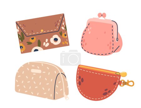 Illustration for Collection Of Stylish Women Wallets In Various Shapes, Sizes And Playful Designs, Featuring Pastel Colors And Trendy Patterns. Fashionable Everyday Accessories. Isolated Cartoon Vector Illustration. - Royalty Free Image