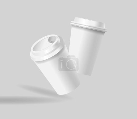 Two White Paper Coffee Cups Floating Against Soft Gray Background. Realistic 3d Vector Mugs Mockup with Minimalist Design And Smooth Aesthetic Ideal For Modern Branding, Presentation And Marketing
