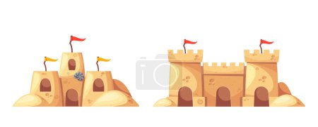 Téléchargez les illustrations : L'image vibrante capture deux châteaux de sable complexes, ornés de drapeaux rouges, faits de sable doré. Thème De L'été, Activités De Plage, Vacances Et Jeux D'enfance. Illustration vectorielle de bande dessinée - en licence libre de droit