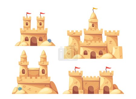Colección de cuatro castillos de arena caprichosos, cada uno diseñado exclusivamente con banderas, torres intrincadas y arcos. Concepto de verano, creatividad o actividades infantiles en la playa. Ilustración de vectores de dibujos animados