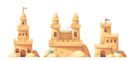 Illustration for Intricate Sand Castles With Detailed Towers, Windows, And Flags. The Warm Tones And Cartoon Style Evoke A Playful, Summer Day At The Beach. Colorful Vector Illustration of Sandcastles on Sea Side - Royalty Free Image