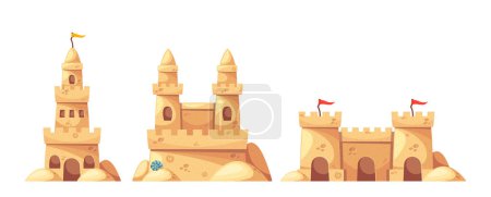 Ilustración de Colección de castillos de arena de dibujos animados que muestran varios diseños vectoriales, completados con banderas y adornos, elementos arquitectónicos distintivos de la característica, adecuados para vacaciones creativas de verano - Imagen libre de derechos