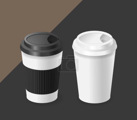 Dos tazas de café desechables con tapas, una con un soporte negro texturizado y una blanca lisa, en contraste con un fondo marrón y gris. Gráficos modernos de las tazas, ilustración realista del vector 3d