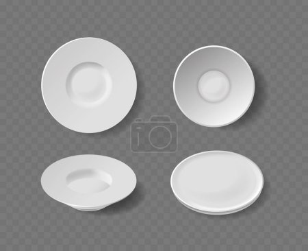 Téléchargez les illustrations : Collection de plaques rondes blanches présentées sous différents angles. Maquette de vaisselle idéale pour les présentations et les graphiques Web axés sur la salle à manger, les ustensiles de cuisine ou l'hospitalité. Illustration vectorielle 3D réaliste - en licence libre de droit